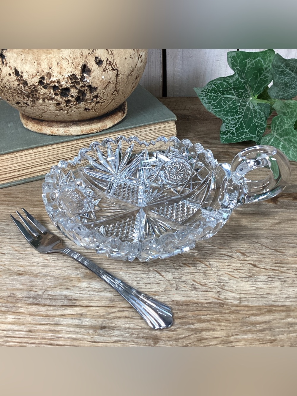 Vintage Brilliant Cut Crystal Nappy Dish with Cocktail Fork